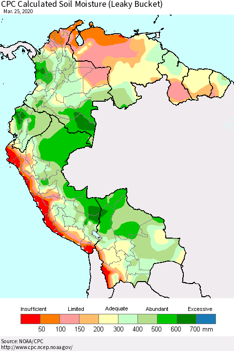 Northern South America CPC Soil Moisture (Leaky Bucket) Thematic Map For 3/21/2020 - 3/25/2020