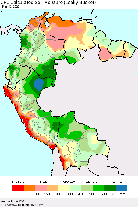 Northern South America CPC Calculated Soil Moisture (Leaky Bucket) Thematic Map For 3/26/2020 - 3/31/2020