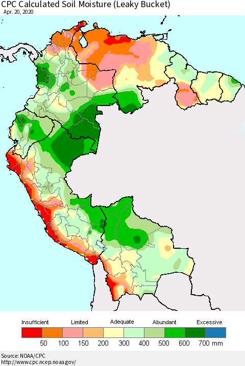 Northern South America CPC Calculated Soil Moisture (Leaky Bucket) Thematic Map For 4/16/2020 - 4/20/2020