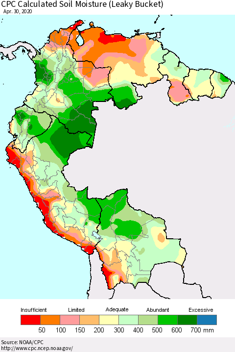 Northern South America CPC Calculated Soil Moisture (Leaky Bucket) Thematic Map For 4/26/2020 - 4/30/2020