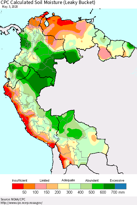 Northern South America CPC Calculated Soil Moisture (Leaky Bucket) Thematic Map For 5/1/2020 - 5/5/2020