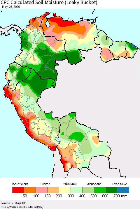 Northern South America CPC Calculated Soil Moisture (Leaky Bucket) Thematic Map For 5/21/2020 - 5/25/2020