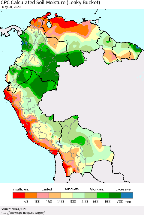 Northern South America CPC Calculated Soil Moisture (Leaky Bucket) Thematic Map For 5/26/2020 - 5/31/2020