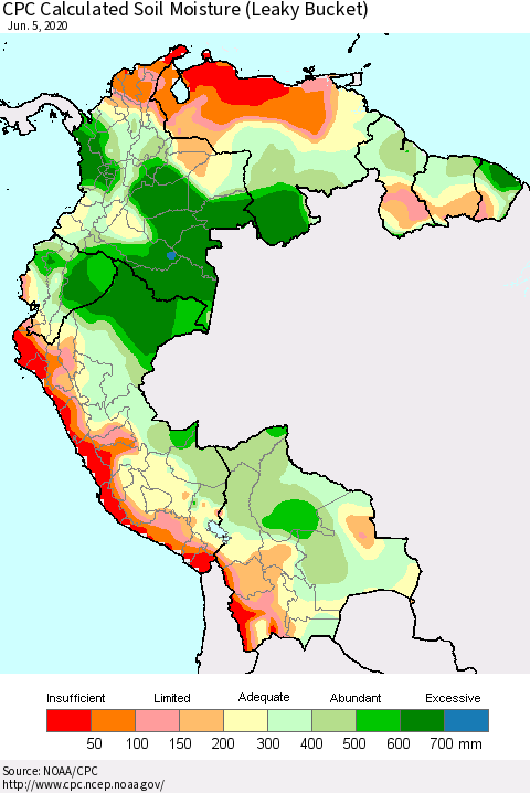 Northern South America CPC Calculated Soil Moisture (Leaky Bucket) Thematic Map For 6/1/2020 - 6/5/2020