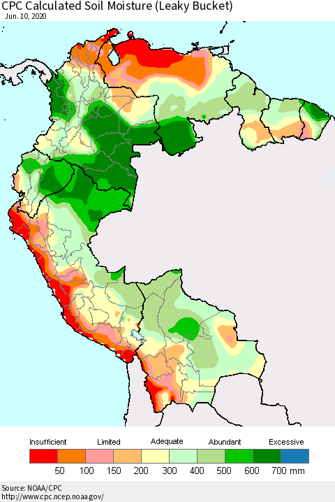 Northern South America CPC Calculated Soil Moisture (Leaky Bucket) Thematic Map For 6/6/2020 - 6/10/2020
