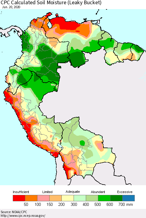 Northern South America CPC Soil Moisture (Leaky Bucket) Thematic Map For 6/16/2020 - 6/20/2020