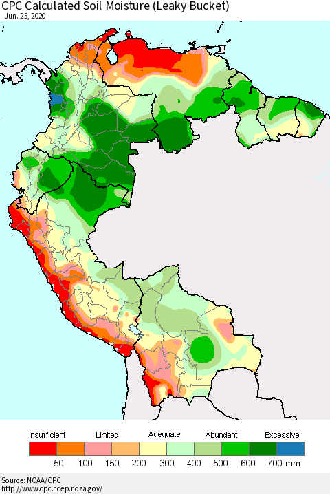 Northern South America CPC Calculated Soil Moisture (Leaky Bucket) Thematic Map For 6/21/2020 - 6/25/2020