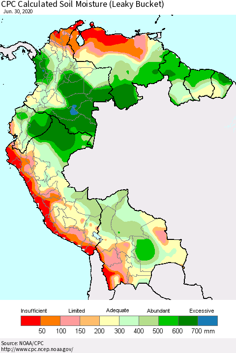 Northern South America CPC Soil Moisture (Leaky Bucket) Thematic Map For 6/26/2020 - 6/30/2020