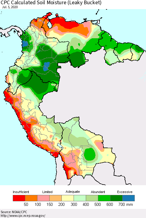 Northern South America CPC Calculated Soil Moisture (Leaky Bucket) Thematic Map For 7/1/2020 - 7/5/2020