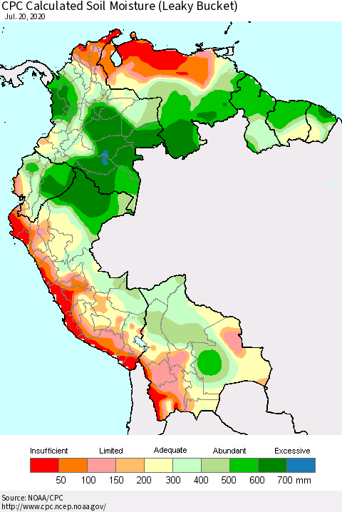 Northern South America CPC Calculated Soil Moisture (Leaky Bucket) Thematic Map For 7/16/2020 - 7/20/2020