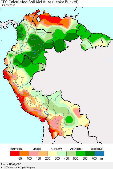 Northern South America CPC Calculated Soil Moisture (Leaky Bucket) Thematic Map For 7/21/2020 - 7/25/2020
