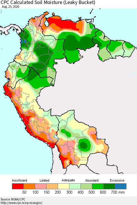 Northern South America CPC Calculated Soil Moisture (Leaky Bucket) Thematic Map For 8/21/2020 - 8/25/2020