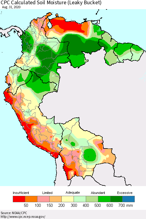 Northern South America CPC Calculated Soil Moisture (Leaky Bucket) Thematic Map For 8/26/2020 - 8/31/2020