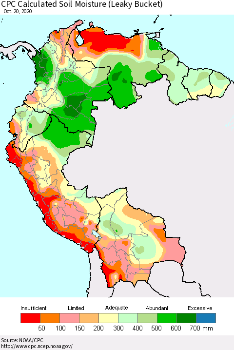 Northern South America CPC Soil Moisture (Leaky Bucket) Thematic Map For 10/16/2020 - 10/20/2020