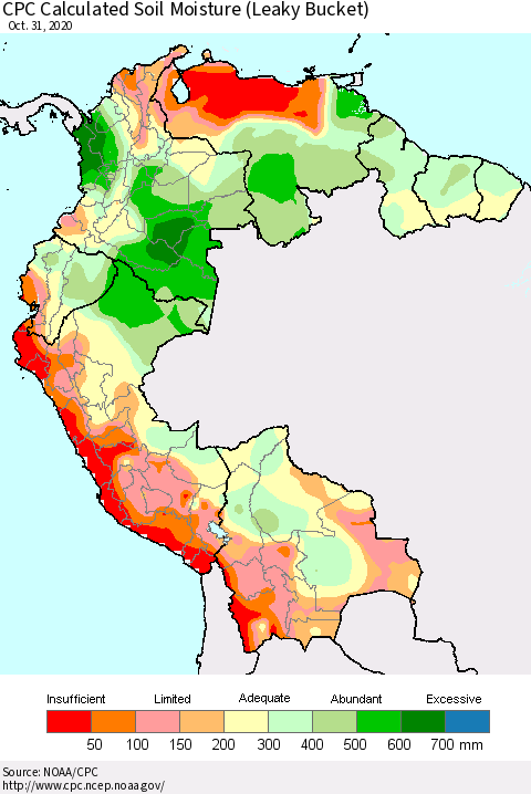 Northern South America CPC Calculated Soil Moisture (Leaky Bucket) Thematic Map For 10/26/2020 - 10/31/2020