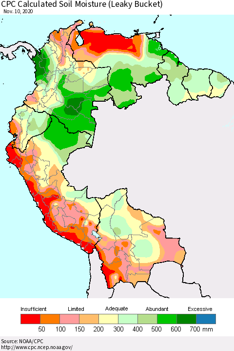 Northern South America CPC Soil Moisture (Leaky Bucket) Thematic Map For 11/6/2020 - 11/10/2020
