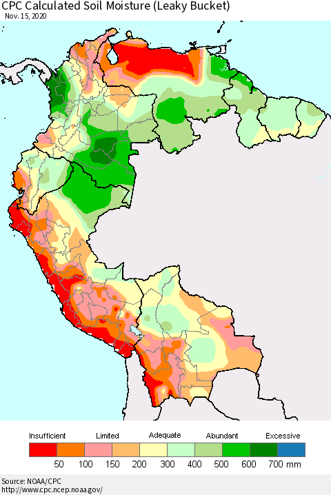 Northern South America CPC Calculated Soil Moisture (Leaky Bucket) Thematic Map For 11/11/2020 - 11/15/2020