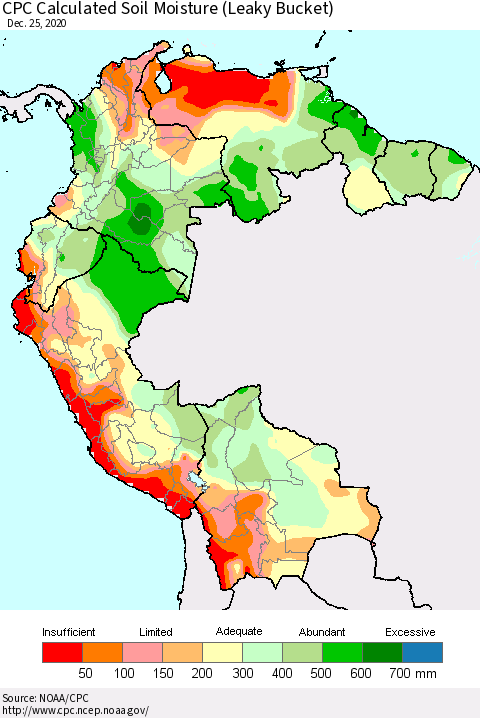 Northern South America CPC Calculated Soil Moisture (Leaky Bucket) Thematic Map For 12/21/2020 - 12/25/2020