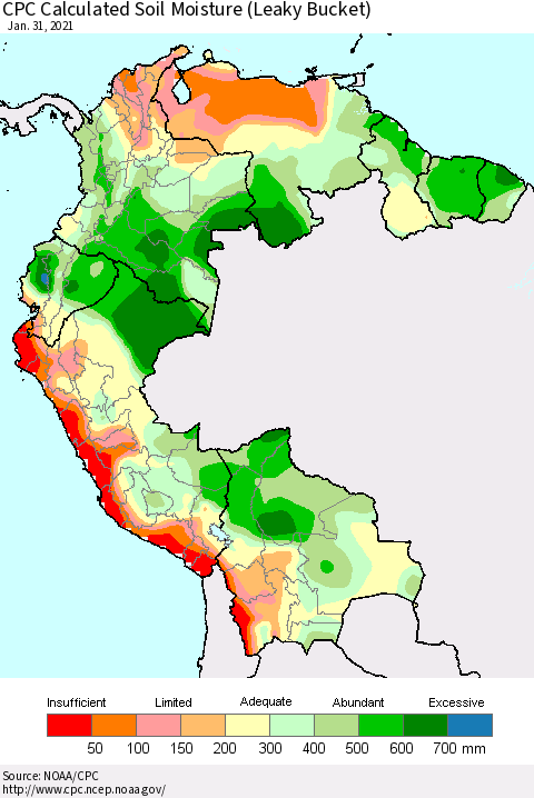 Northern South America CPC Calculated Soil Moisture (Leaky Bucket) Thematic Map For 1/26/2021 - 1/31/2021