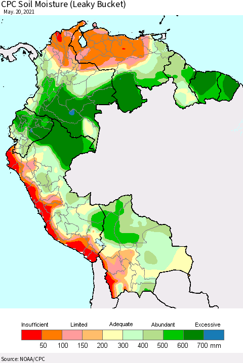 Northern South America CPC Calculated Soil Moisture (Leaky Bucket) Thematic Map For 5/16/2021 - 5/20/2021