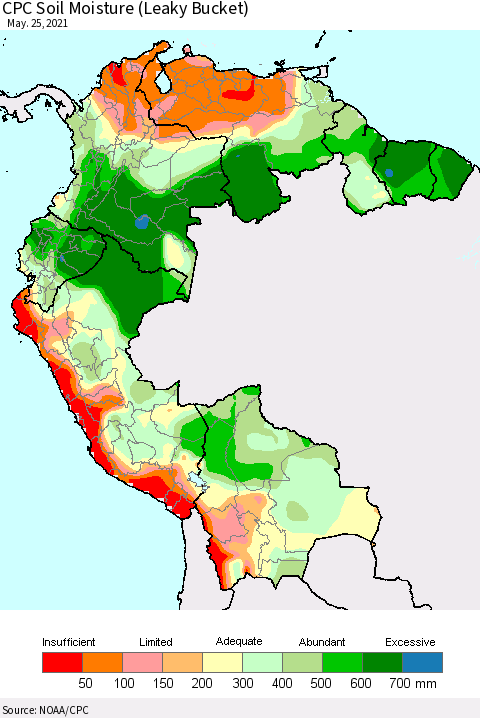 Northern South America CPC Calculated Soil Moisture (Leaky Bucket) Thematic Map For 5/21/2021 - 5/25/2021