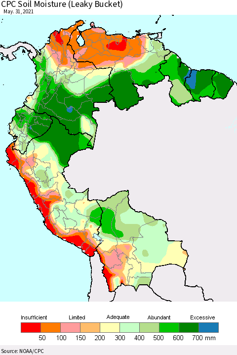 Northern South America CPC Soil Moisture (Leaky Bucket) Thematic Map For 5/26/2021 - 5/31/2021