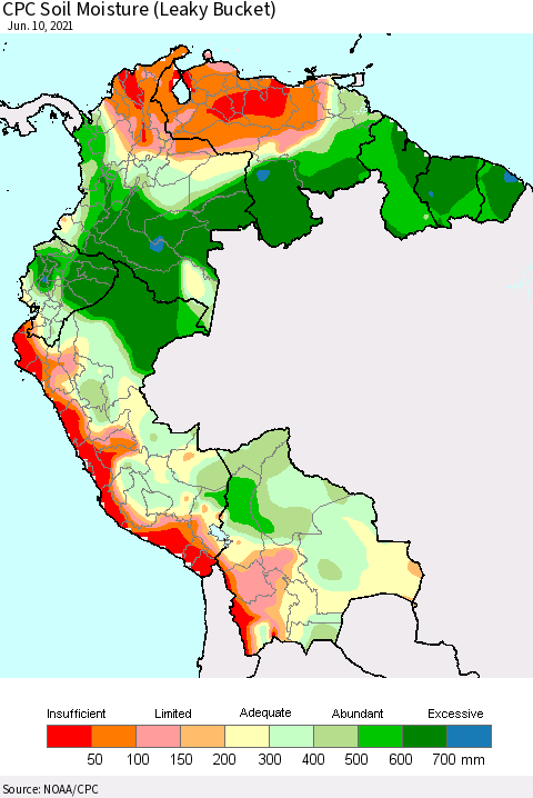 Northern South America CPC Calculated Soil Moisture (Leaky Bucket) Thematic Map For 6/6/2021 - 6/10/2021