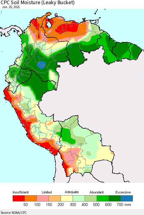 Northern South America CPC Calculated Soil Moisture (Leaky Bucket) Thematic Map For 6/16/2021 - 6/20/2021
