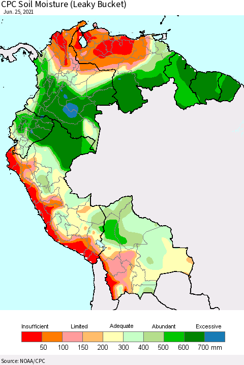 Northern South America CPC Calculated Soil Moisture (Leaky Bucket) Thematic Map For 6/21/2021 - 6/25/2021