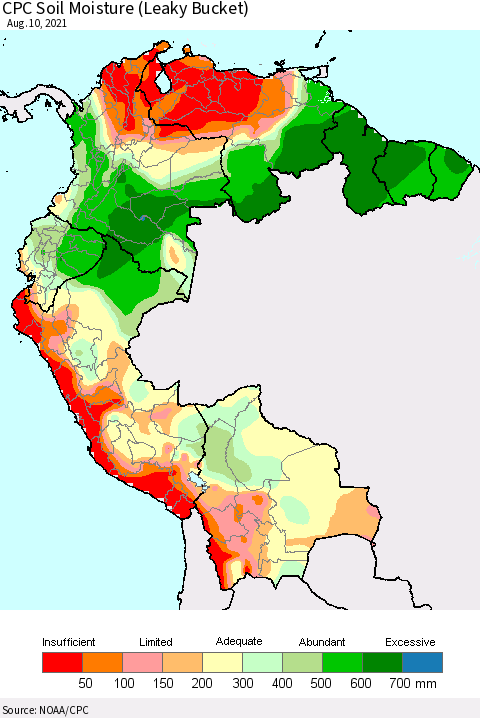Northern South America CPC Calculated Soil Moisture (Leaky Bucket) Thematic Map For 8/6/2021 - 8/10/2021