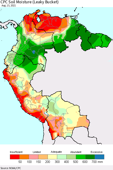 Northern South America CPC Calculated Soil Moisture (Leaky Bucket) Thematic Map For 8/11/2021 - 8/15/2021