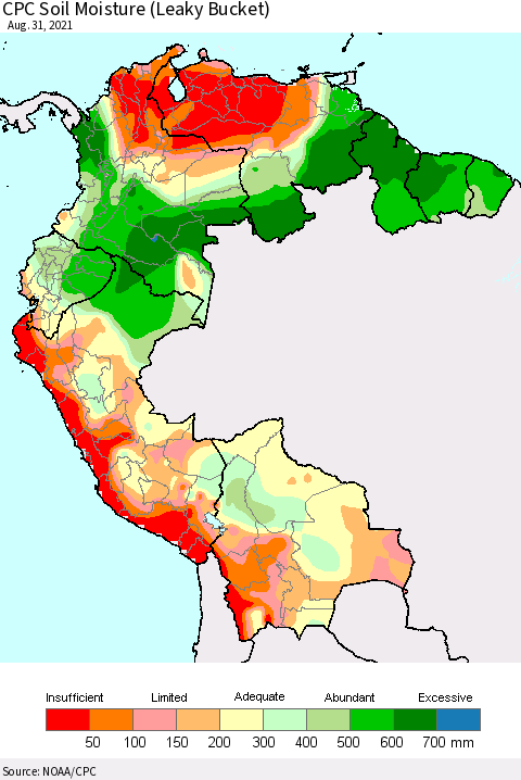 Northern South America CPC Calculated Soil Moisture (Leaky Bucket) Thematic Map For 8/26/2021 - 8/31/2021