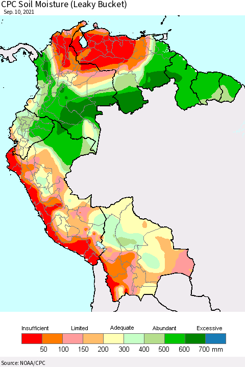 Northern South America CPC Calculated Soil Moisture (Leaky Bucket) Thematic Map For 9/6/2021 - 9/10/2021