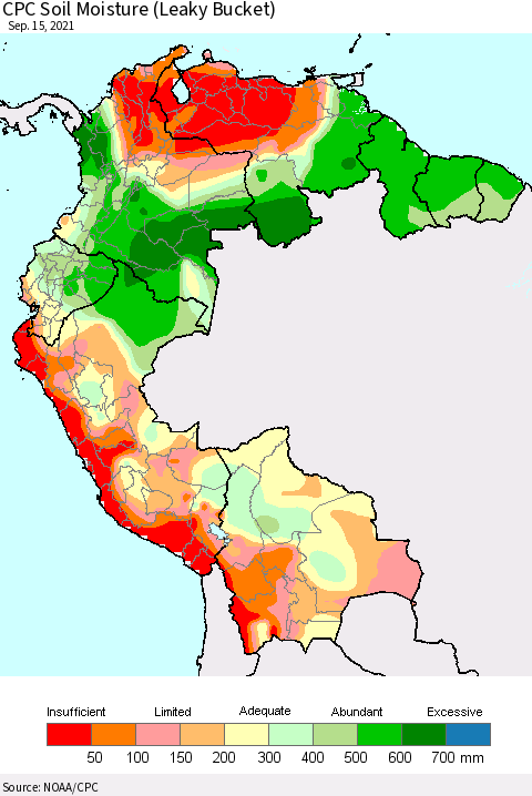 Northern South America CPC Soil Moisture (Leaky Bucket) Thematic Map For 9/11/2021 - 9/15/2021