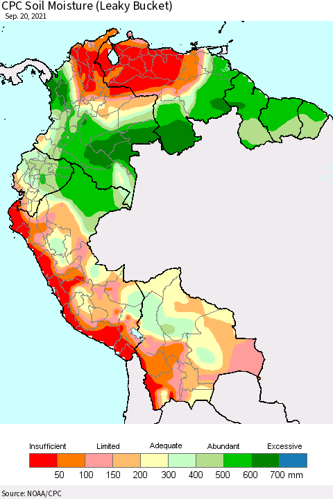 Northern South America CPC Calculated Soil Moisture (Leaky Bucket) Thematic Map For 9/16/2021 - 9/20/2021