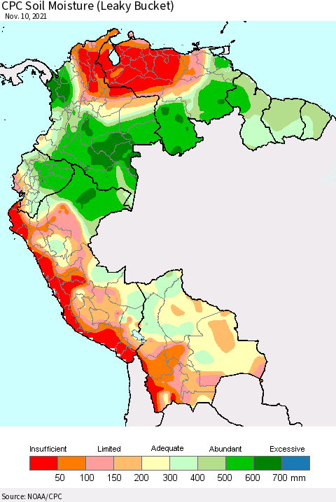 Northern South America CPC Soil Moisture (Leaky Bucket) Thematic Map For 11/6/2021 - 11/10/2021