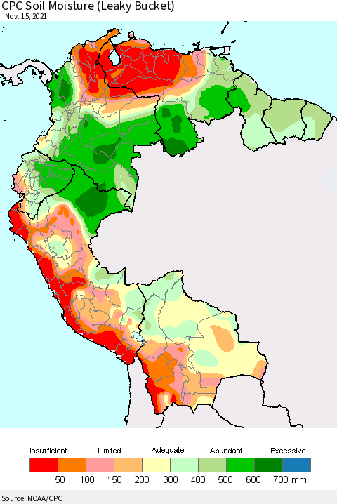Northern South America CPC Calculated Soil Moisture (Leaky Bucket) Thematic Map For 11/11/2021 - 11/15/2021