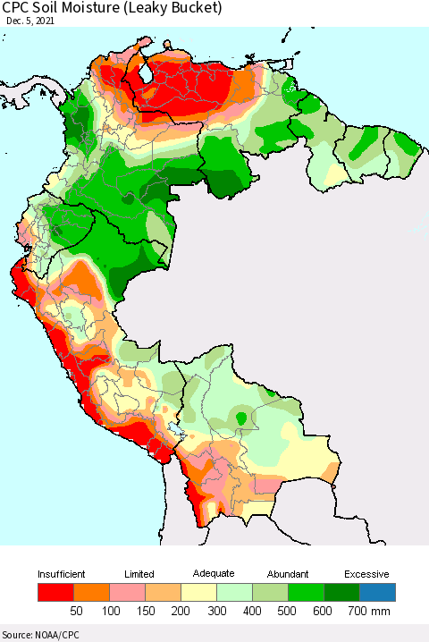 Northern South America CPC Calculated Soil Moisture (Leaky Bucket) Thematic Map For 12/1/2021 - 12/5/2021