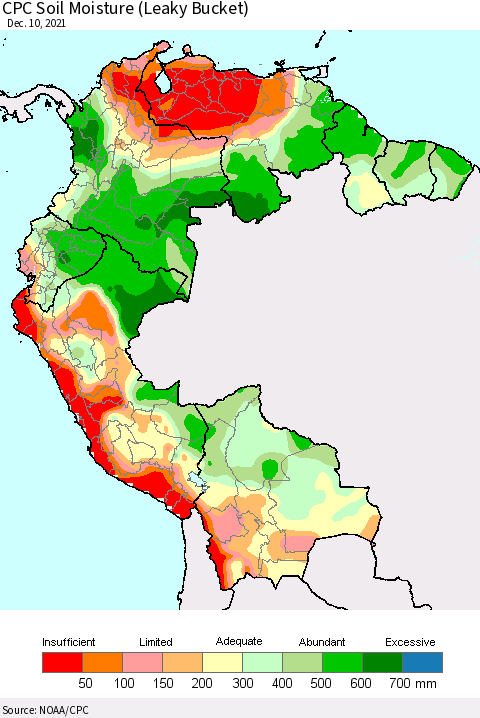 Northern South America CPC Calculated Soil Moisture (Leaky Bucket) Thematic Map For 12/6/2021 - 12/10/2021
