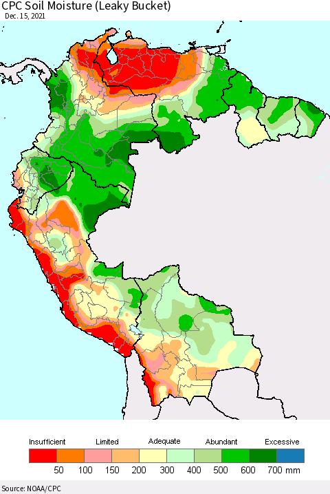 Northern South America CPC Calculated Soil Moisture (Leaky Bucket) Thematic Map For 12/11/2021 - 12/15/2021