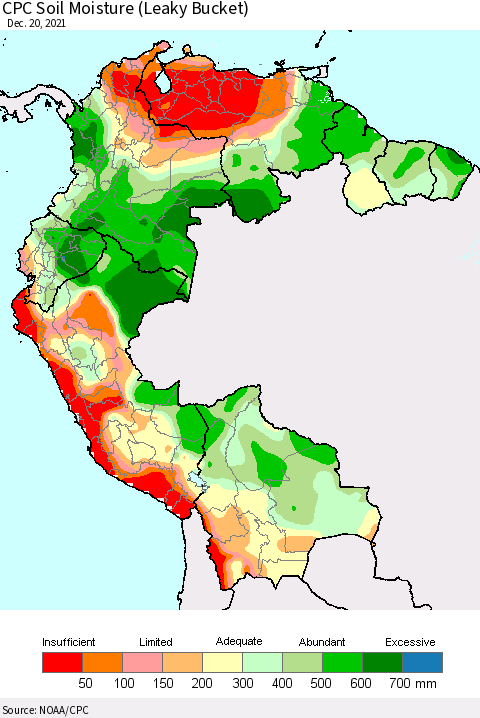 Northern South America CPC Soil Moisture (Leaky Bucket) Thematic Map For 12/16/2021 - 12/20/2021
