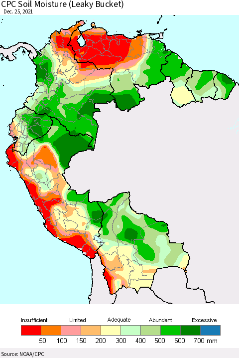 Northern South America CPC Soil Moisture (Leaky Bucket) Thematic Map For 12/21/2021 - 12/25/2021