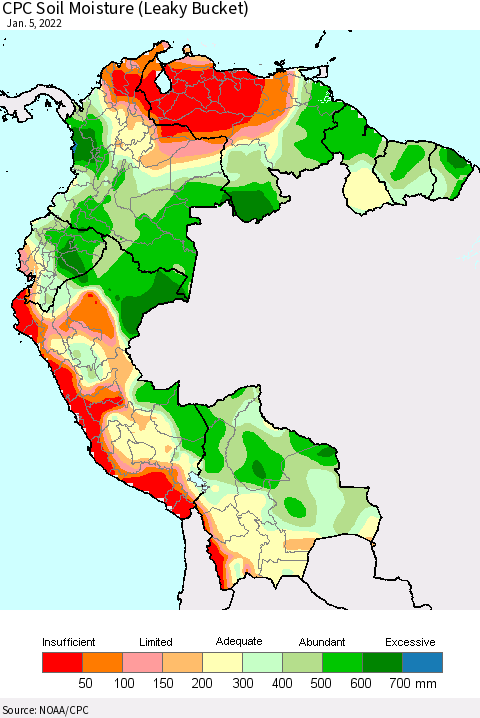 Northern South America CPC Calculated Soil Moisture (Leaky Bucket) Thematic Map For 1/1/2022 - 1/5/2022