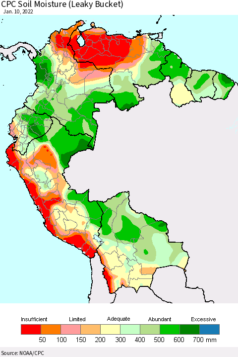 Northern South America CPC Calculated Soil Moisture (Leaky Bucket) Thematic Map For 1/6/2022 - 1/10/2022