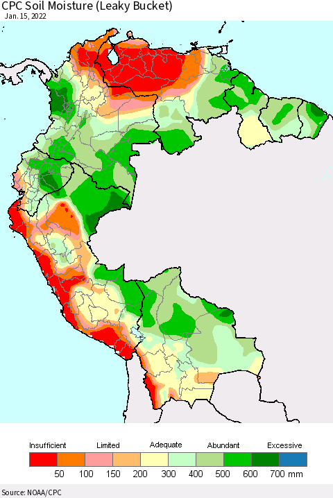 Northern South America CPC Calculated Soil Moisture (Leaky Bucket) Thematic Map For 1/11/2022 - 1/15/2022