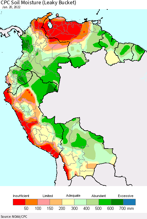 Northern South America CPC Soil Moisture (Leaky Bucket) Thematic Map For 1/16/2022 - 1/20/2022