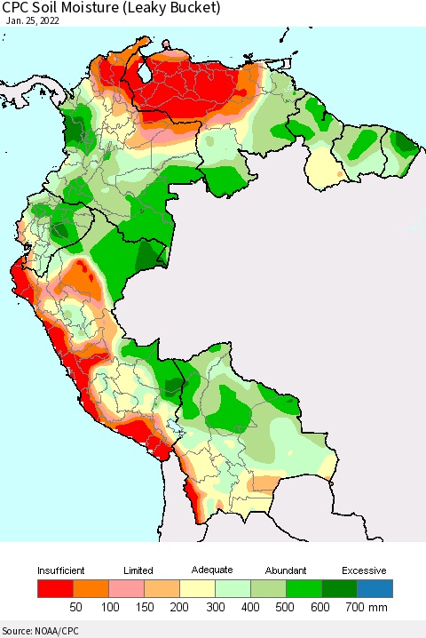 Northern South America CPC Soil Moisture (Leaky Bucket) Thematic Map For 1/21/2022 - 1/25/2022