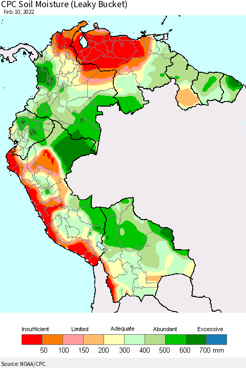 Northern South America CPC Soil Moisture (Leaky Bucket) Thematic Map For 2/6/2022 - 2/10/2022