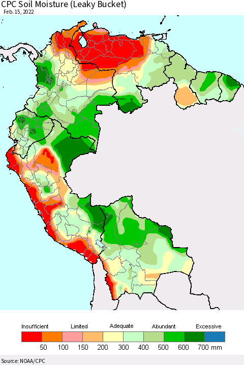 Northern South America CPC Calculated Soil Moisture (Leaky Bucket) Thematic Map For 2/11/2022 - 2/15/2022