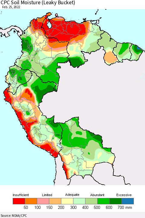 Northern South America CPC Soil Moisture (Leaky Bucket) Thematic Map For 2/21/2022 - 2/25/2022